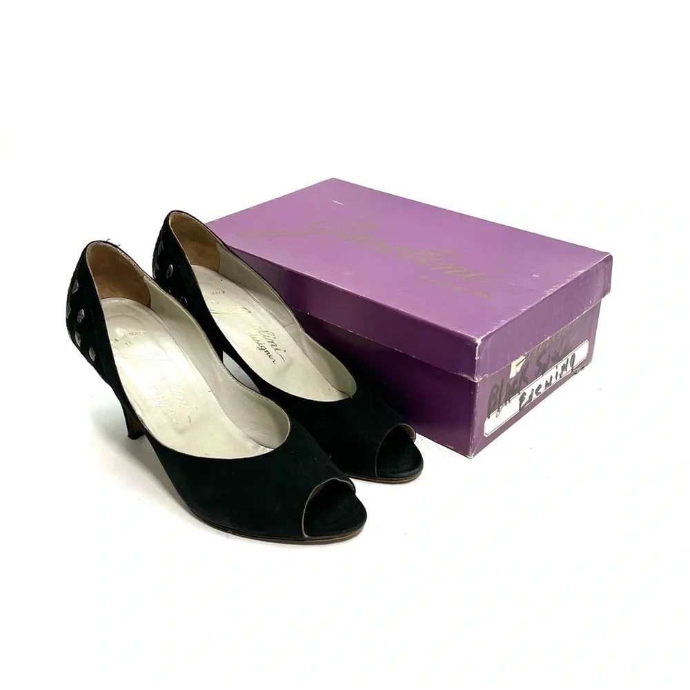 Vintage 1970s black suede peep toe studded heel stiletto pumps